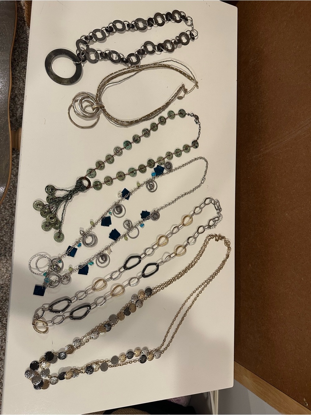 6 Mixed Metal and Beaded Women's Necklaces  - Silver, Gold, Black, Green